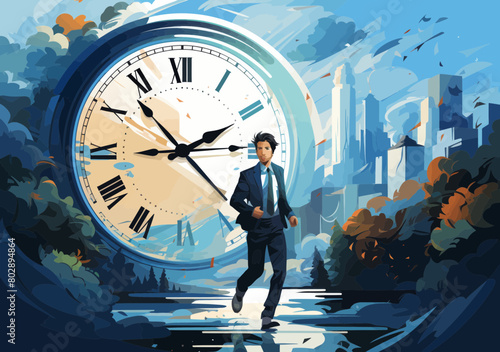 Hurried Businessman Sprinting Against Time On Fast-Paced Office Deadline - Minimalist Vector Illustration Depicting Stress, Urgency, and Determination