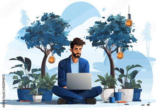 Pensive Businessman in Modern Style Analyzing Issues on Laptop With Question Mark Illustration