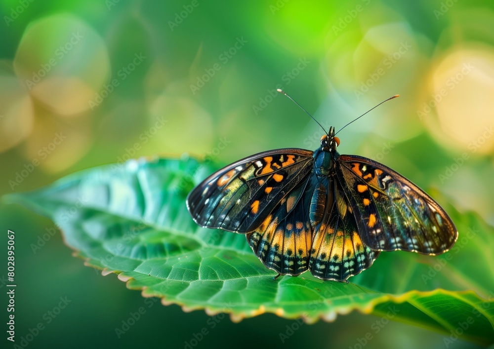 Majestic Butterfly Resting on a Green Leaf with Blurred Background Majestic Butterfly Resting on a Green Leaf with Blurred Background