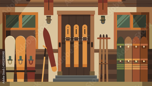 The shops walls are covered in antique wooden skis some with original leather bindings still intact.. Vector illustration