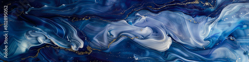 Majestic indigo marble ink meanders through an entrancing abstract scene  adorned with glistening sapphire glitters. 