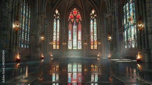 Gothic cathedral interior with stained glass windows.