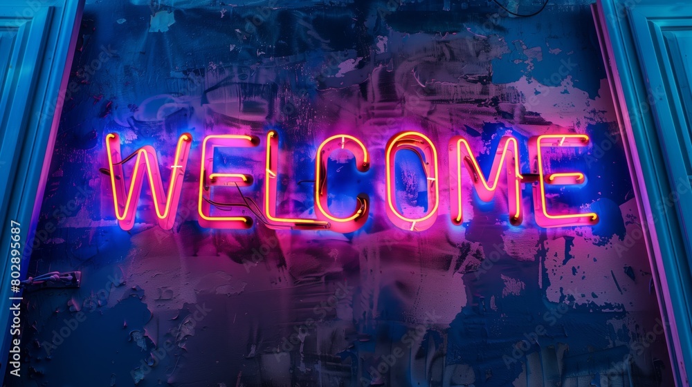 Neon WELCOME text on dark wall background Neon WELCOME text on dark wall background