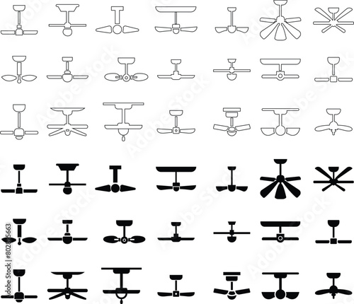 Set of Celling fan icons flat styles editable stock. Air Fan vectors signs. Celling fan icons clipart avatar logotype symbols to cool the room and circulate the air isolated on transparent background.
