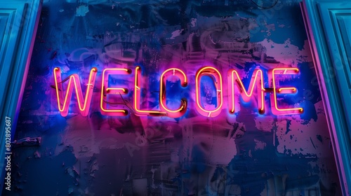 Neon WELCOME text on dark wall background