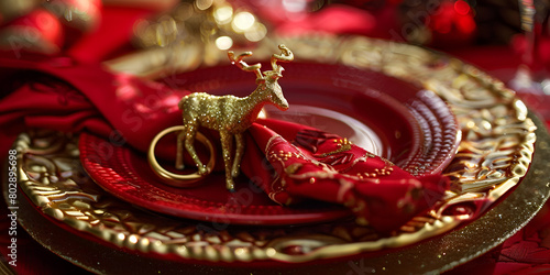 Christmas table setting napkin with gold ring New Year and Christmas table setting concept. Empty plate and red napkin on festive red christmas table close up