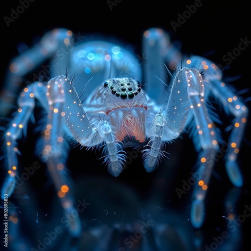 AI generated illustration of a spider with illuminated legs on a dark background