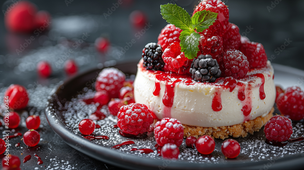 Cheesecake with fresh raspberries and blackberries on a dark background Cheesecake with fresh raspberries and blackberries on a dark background
