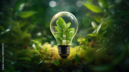 Eco-friendly concept featuring a lightbulb surrounded by lush greenery, representing innovation in sustainable energy on an isolated background.