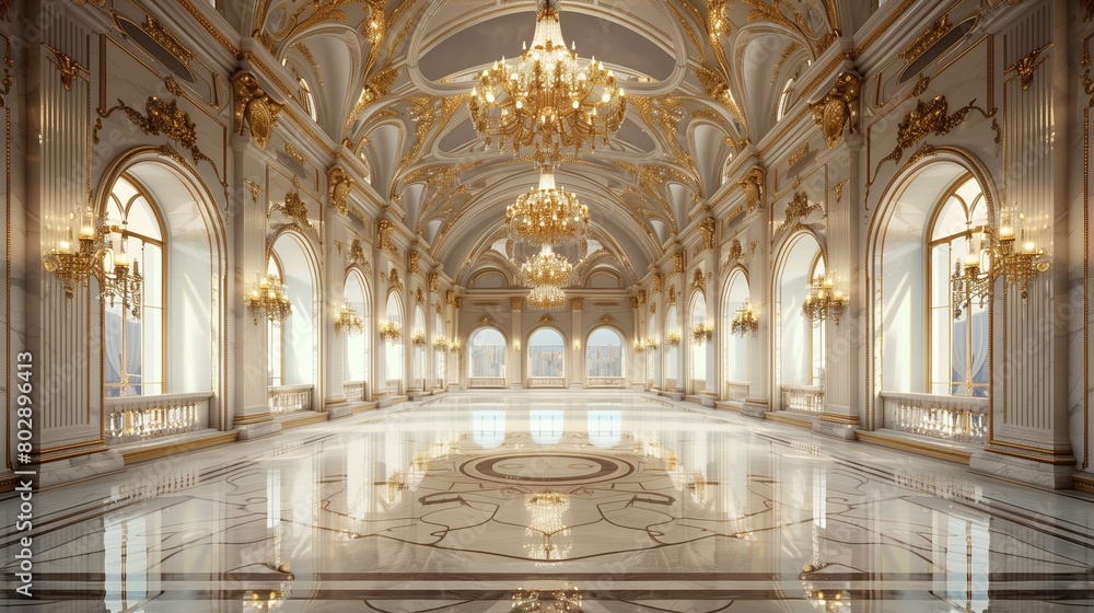 Luxurious palace ballroom with ornate chandeliers and marble floors.