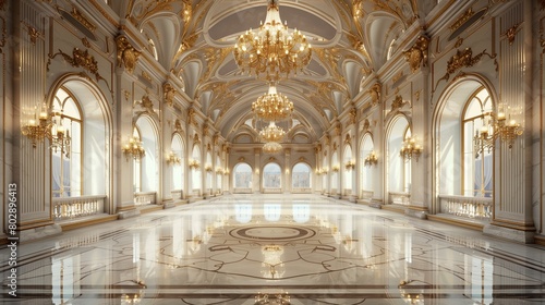Luxurious palace ballroom with ornate chandeliers and marble floors. © farhan