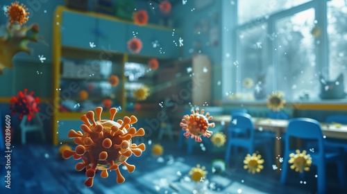 Virus Particles Floating in Classroom Illustration