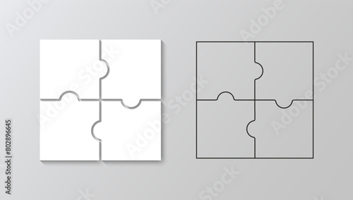 Jigsaw puzzle white and outline grid. Square info graphic with 4 parts of process diagram. Puzzle square business presentation infographic. Business presentation for infographics. Vector illustration