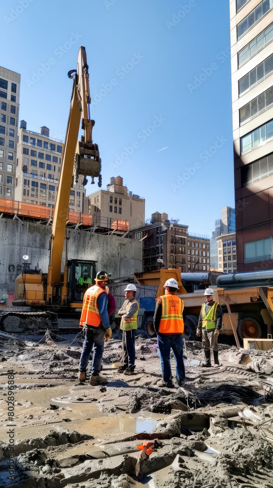 A group of workers at a construction site in an urban area A group of workers at a construction site in an urban area
