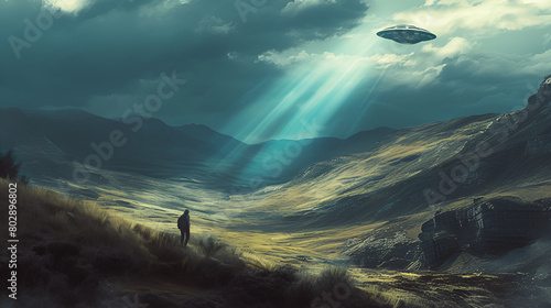UFO performing an abduction on the moors, Space craft and light beam, Generative AI 