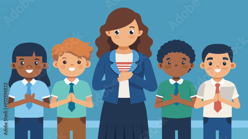 A group of students with their hands over their hearts reciting the Pledge of Allegiance while a teacher stands proudly in the background.. Vector illustration