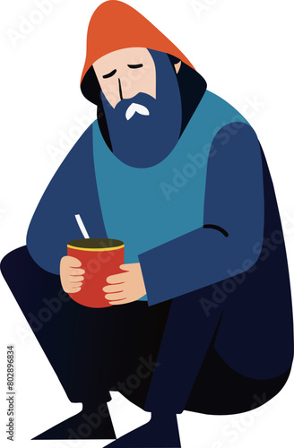 Poor man begging on street holding empty bowl and feel hungry