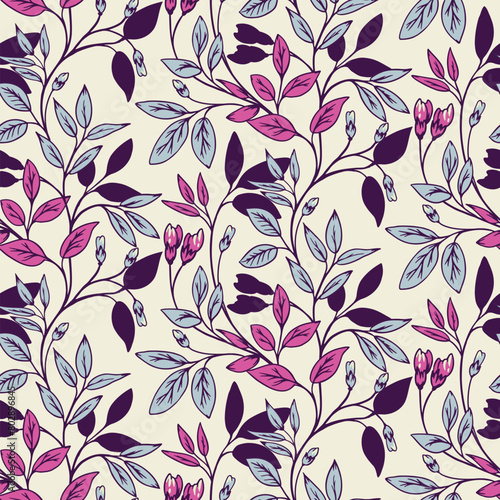 Colorful floral stems with small leaves intertwined in seamless pattern. Artistic abstract branches with tiny leaf printing. Vector hand drawn. Template for design