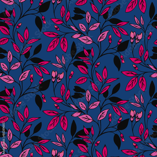 Artistic abstract branches with small leaves intertwined in seamless pattern on a blue background. Vector hand drawn. Colorful creative floral stems with tiny leaf printing. Template for design