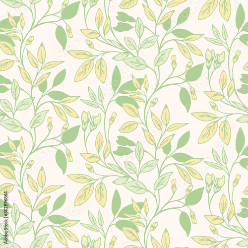 Spring blooming creative plants printing. Abstract artistic green branches with tiny small leaves intertwined in a seamless pattern on a light background. Vector hand drawn. Template for design