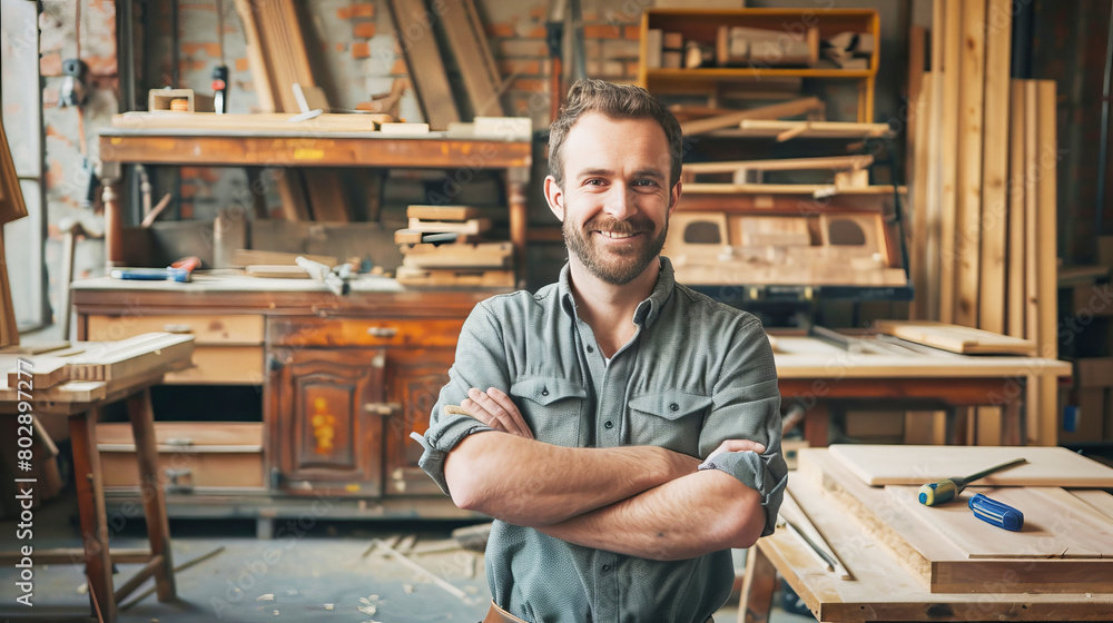 A portrait of smiling male carpenter standing in front of his woodwork workshop A portrait of smiling male carpenter standing in front of his woodwork workshop