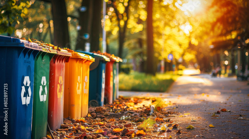 A line of colorful trash cans with the symbol for recycling on them in a city park in the morning