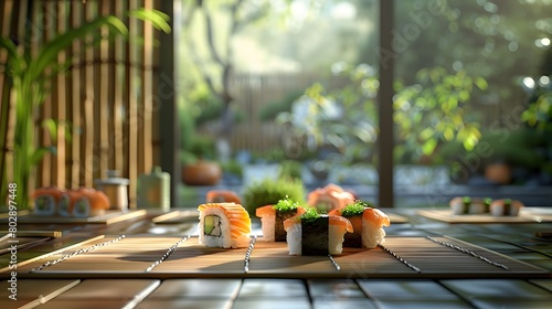 a serene setting of sushi served on bamboo mats, with a central focus and stunning visual detail. photo