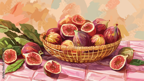 Basket with sweet fig peaches on pink tile table Vector photo