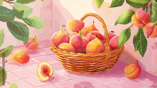 Basket with sweet fig peaches on pink tile table Vector photo