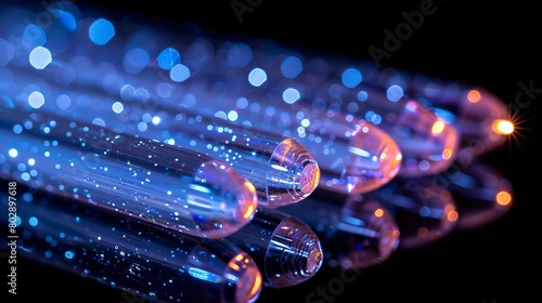 Close-up view of illuminated blue fiber optic light strands' ends against a black background.