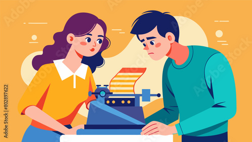 A young couple carefully examined an antique typewriter imagining the stories it could tell if it could talk.. Vector illustration