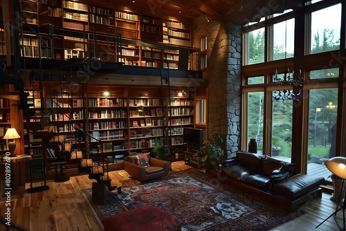 Home library with ceiling-high bookcases and focused reading lights