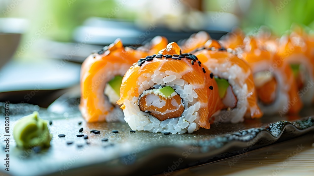 a classic sushi bar scene, with sushi pieces sharply focused and beautifully lit in the center. a classic sushi bar scene, with sushi pieces sharply focused and beautifully lit in the center.