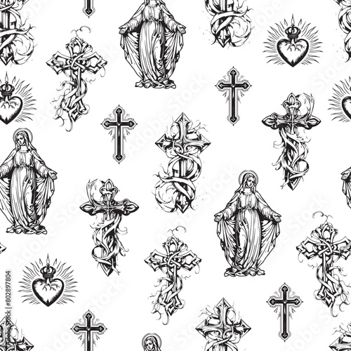 Cross, Virgin Mary and Sacred Heart - Seamless Pattern Design in Tattoo Style