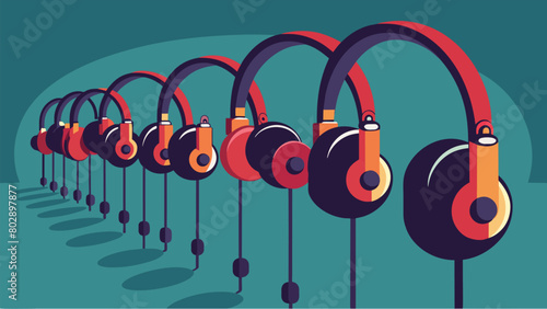 Rows of headphones each with their own unique design were available for attendees to test out and compare. Vector illustration