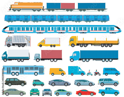 Samlung von Lastwagen und Autos, Eisenbahn, Bus und Leferwagen, Freisteller isoliert, illustration © scusi