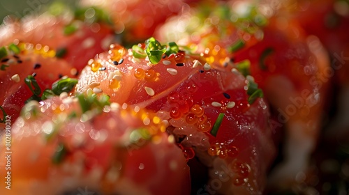 a close-up of a spicy tuna roll, with the focus on the textures and colors, beautifully centered. 