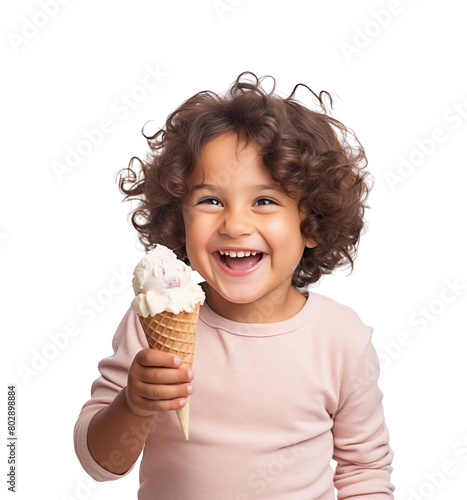 Joyful toddler with curly hair laughing while holding a vanilla ice cream cone, pure delight on his face. Generative AI