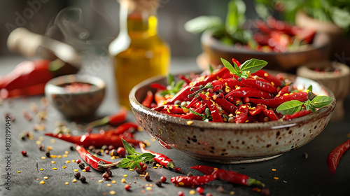 An illustration of spices, a bowl of brightly colored chili peppers on the right side of a clean white surface, bathed in soft natural light that brings out their fiery colors. An unusual picture for 