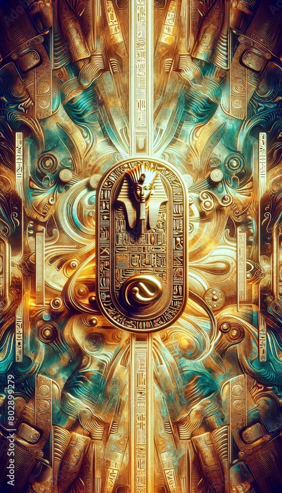 Fototapeta premium A golden pharaoh cartouche adorned with hieroglyphs takes center stage against a mesmerizing backdrop of abstract patterns and textures, evoking the mystique of ancient Egypt.