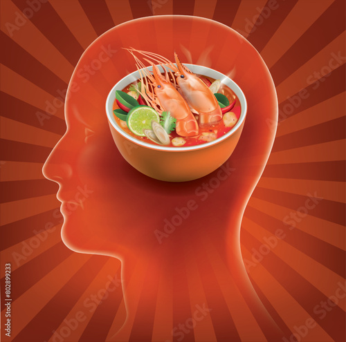 Graphic image of a bowl of tom yum shrimp in the human brain.