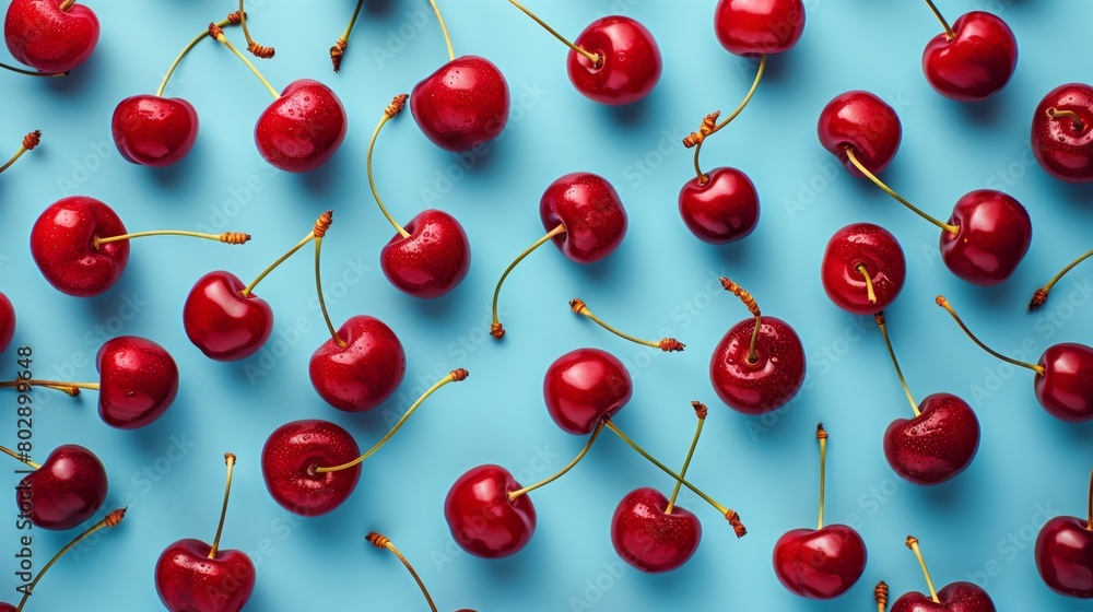 Top view of cherries pattern texture blue background Top view of cherries pattern texture blue background