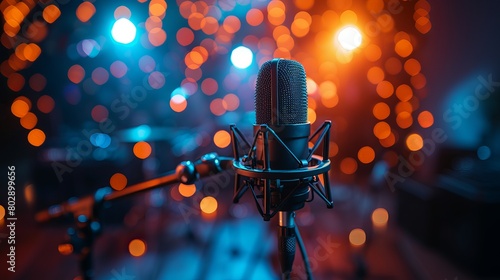 Detailed studio condenser microphone with pop filter and anti-vibration mount capturing live recording against a backdrop of colorful lights. Side view.