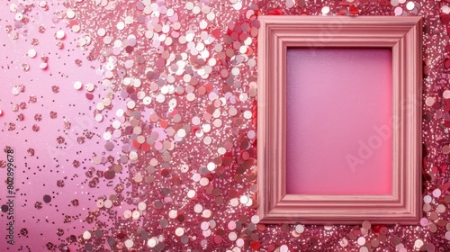 A wooden pink frame lies on a vibrant pink background covered in glitter confetti, creating a festive and sparkling atmosphere. 