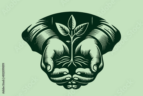 A farmer holds a young sprout in his hands. Agronomist. Growing agricultural crops. Vintage engraving vector illustration, emblem, logo. Isolated object