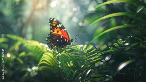 An enchanting image of a vibrant butterfly, its wings fluttering amidst the lush foliage, representing the delicate balance and biodiversity of the rainforest on World Rainforest Day.