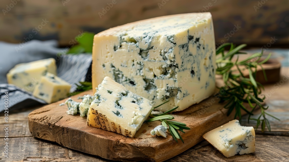 Stacked blue cheese with visible mold on a textured wooden background.
