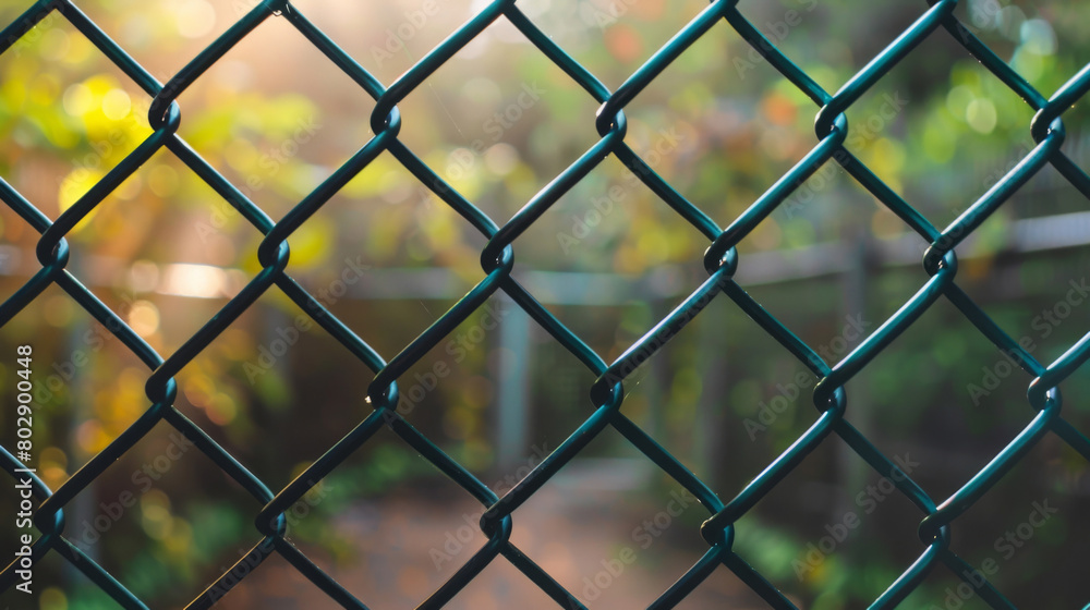 Soft sunlight shines through a chain-link fence against a blurred nature backdrop Soft sunlight shines through a chain-link fence against a blurred nature backdrop