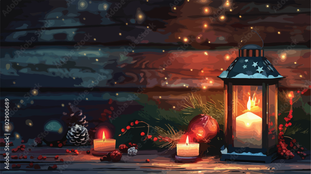 Beautiful Christmas lantern with burning candle and d