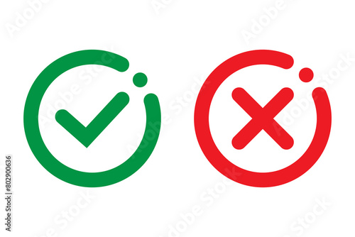 Right or wrong icons. Green tick and red cross checkmarks in circle flat icons. Yes or no symbol, approved or rejected icon for user interface. photo
